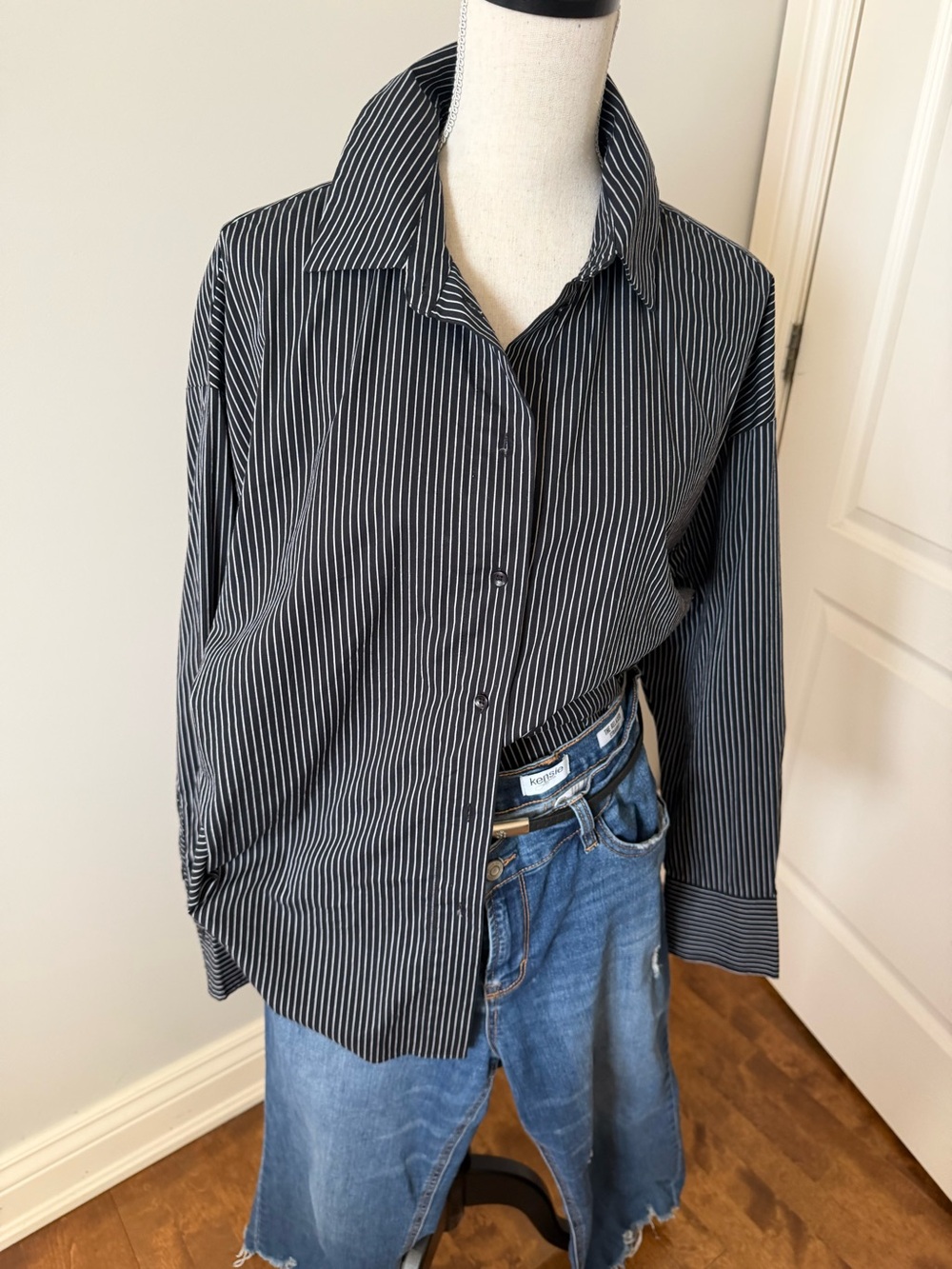 Women’s Navy Pinstripe Button-Up Shirt